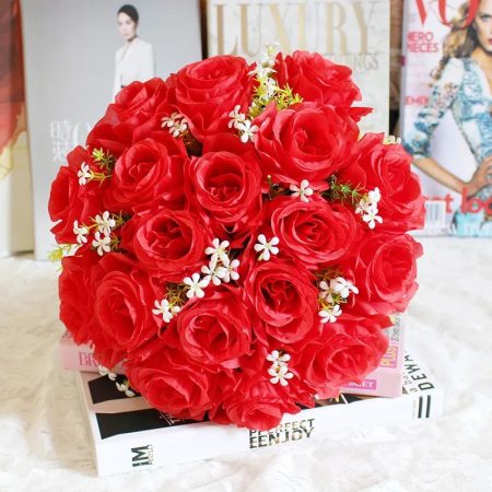 Bouquet-de-fleurs-roses-artificielles-réalistes-rouge