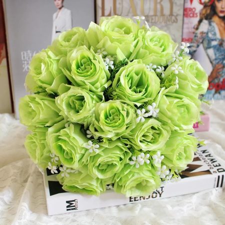 Bouquet-de-fleurs-roses-artificielles-réalistes-vert