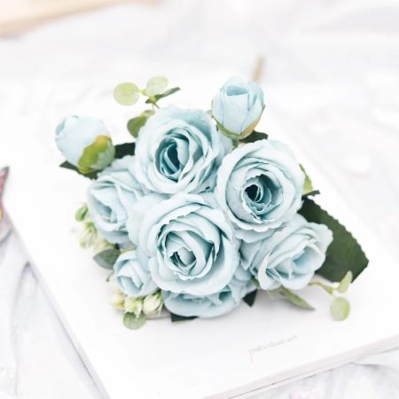 Bouquet-de-roses-artificielles-à-6-fleurs-bleu