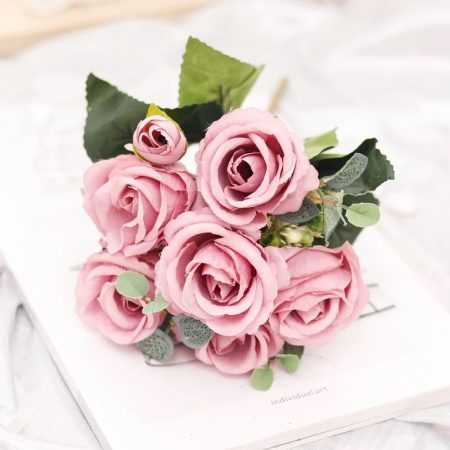 Bouquet-de-roses-artificielles-à-6-fleurs-rose