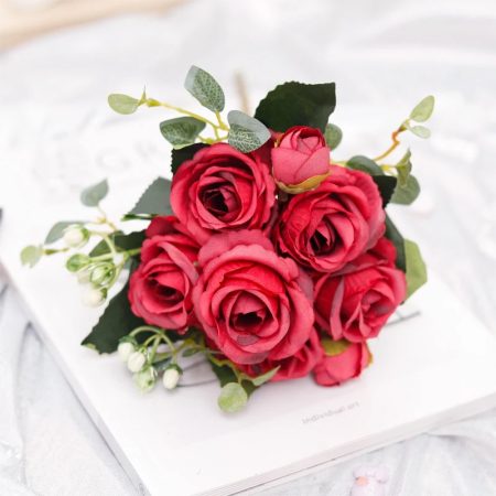 Bouquet-de-roses-artificielles-à-6-fleurs-rouge