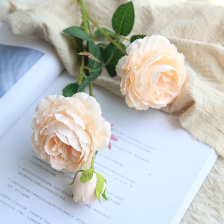 Rose-artificielle-à-3-fleurs-en-soie-champagne