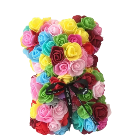 Ours en roses artificielles arc en ciel 23cm