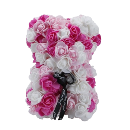 Ours en roses artificielles nuancées de rose et blanc 23cm
